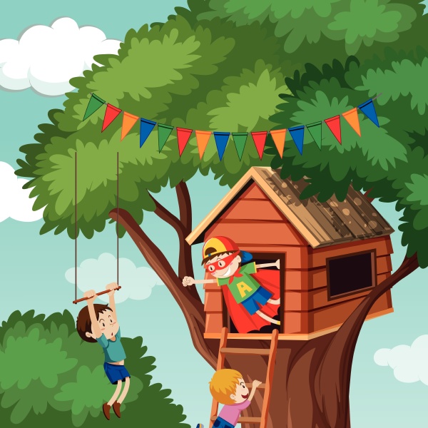 children playing at tree house