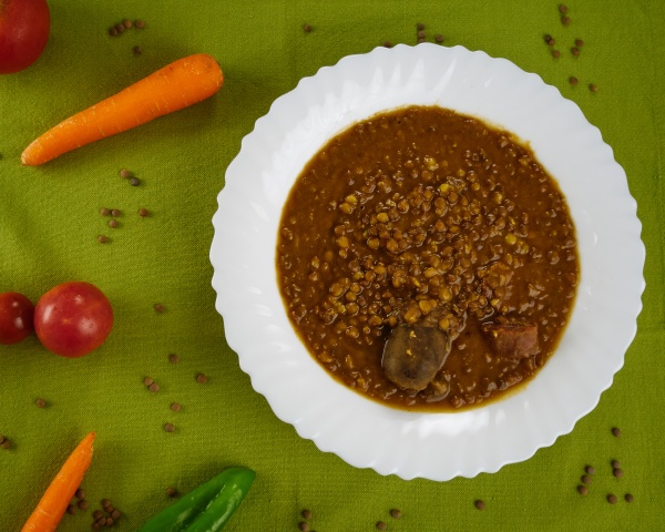 tasty homemade lentil soup with pork