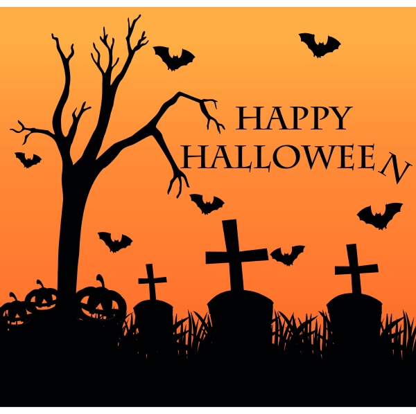 happy halloween card with graveyard in