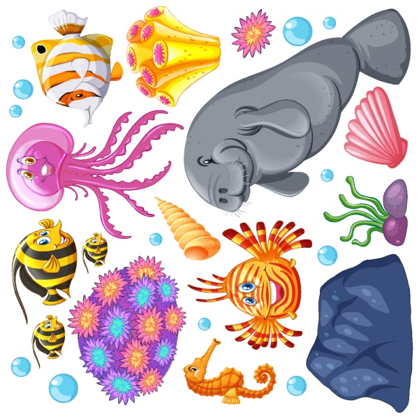 set of sea creatures and corals
