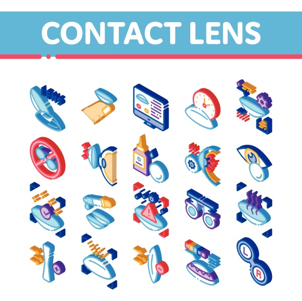 contact lens accessory isometric icons set