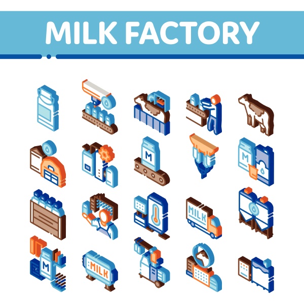 milk factory product isometric icons set