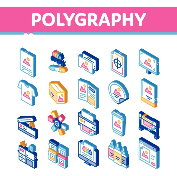 polygraphy printing service isometric icons set