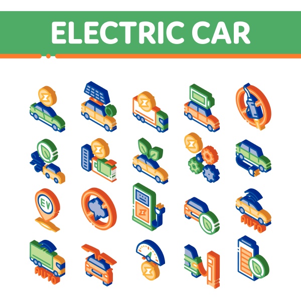 electric car transport isometric icons set
