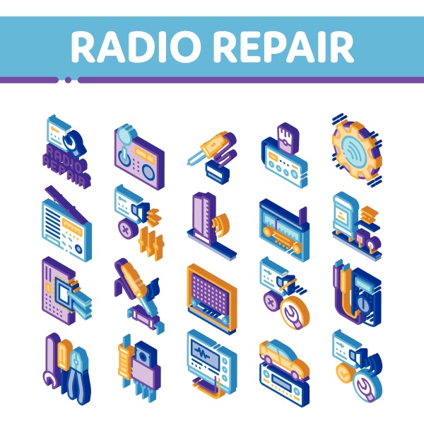 radio repair service isometric icons set