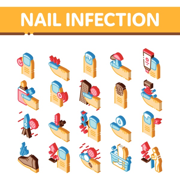 nail infection disease isometric icons set
