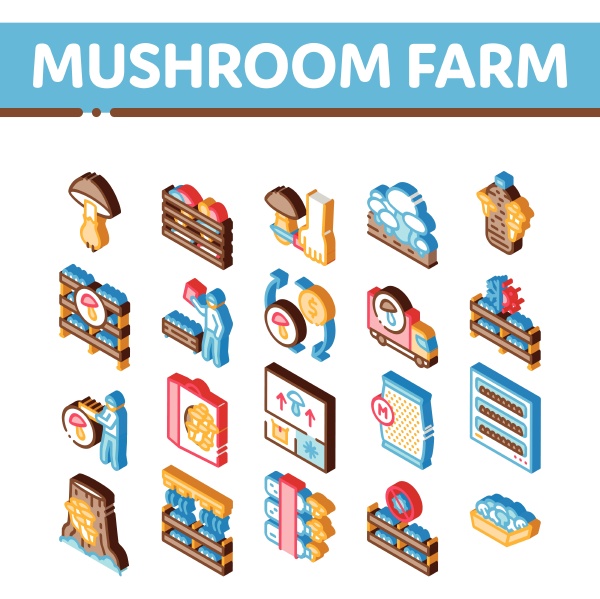mushroom farm plant isometric icons set