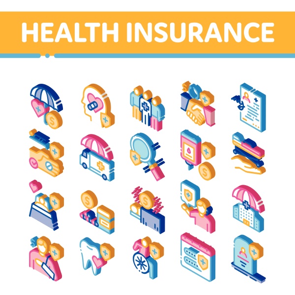 health insurance care isometric icons set