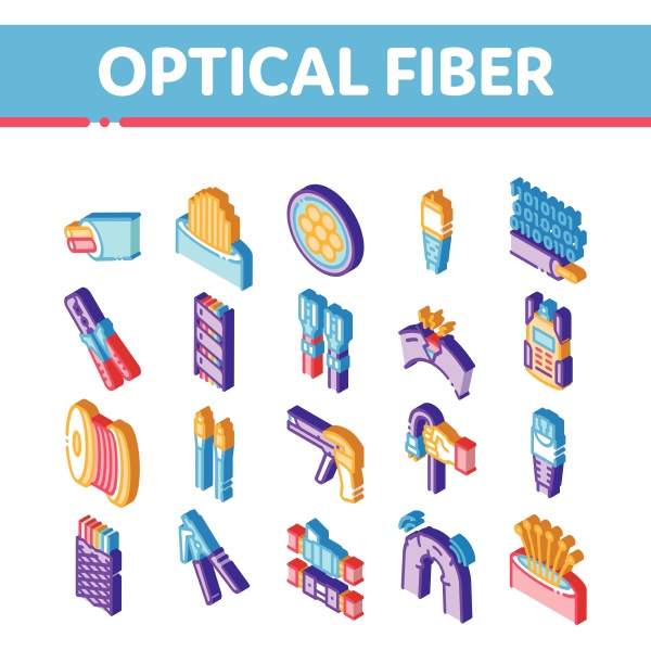 optical fiber cable isometric icons set