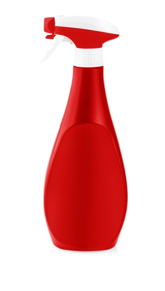 red plastic bottles of cleaning products