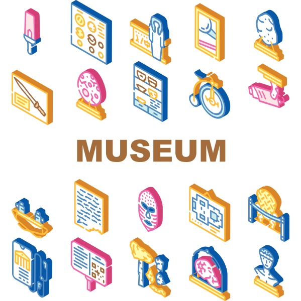 museum exhibits and excursion icons set
