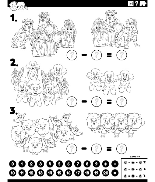 subtraction task with purebred dogs coloring