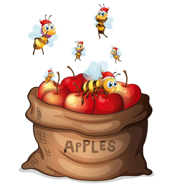 a sack of apple with bees