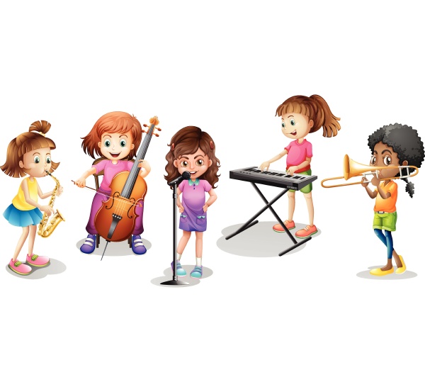 many kids playing different musical instruments