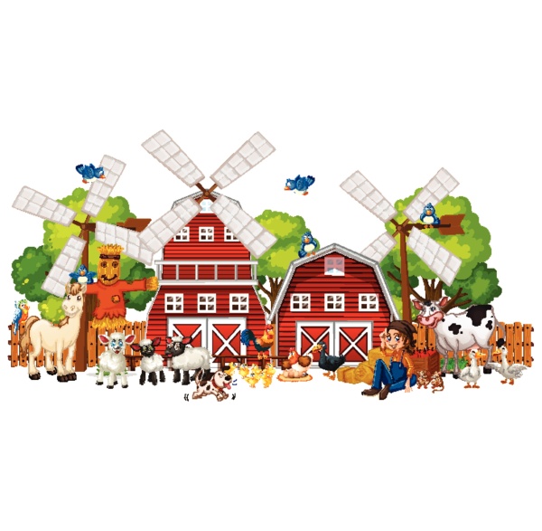 windmill with animal farm set isolated