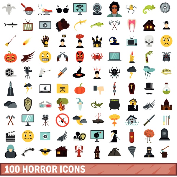 100 horror icons set flat