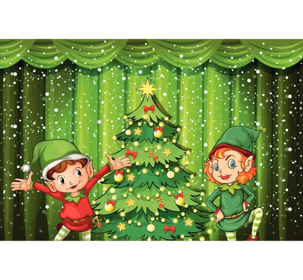 two elves near the christmas tree