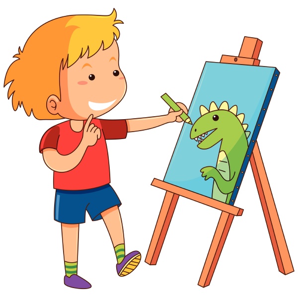 boy drawing dragon on canvas