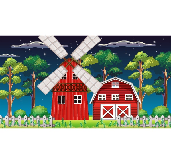 farm scene with barn and mill