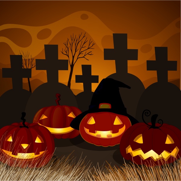 halloween pumpkin at graveyard night