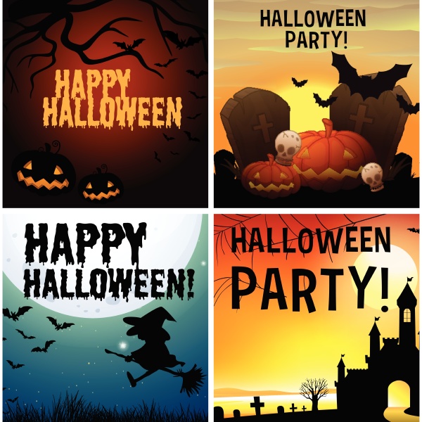 four happy halloween poster design