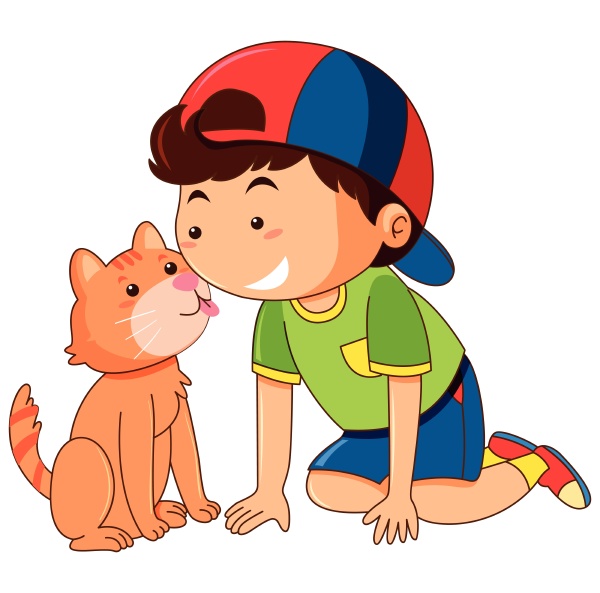 cat licking boy face on white