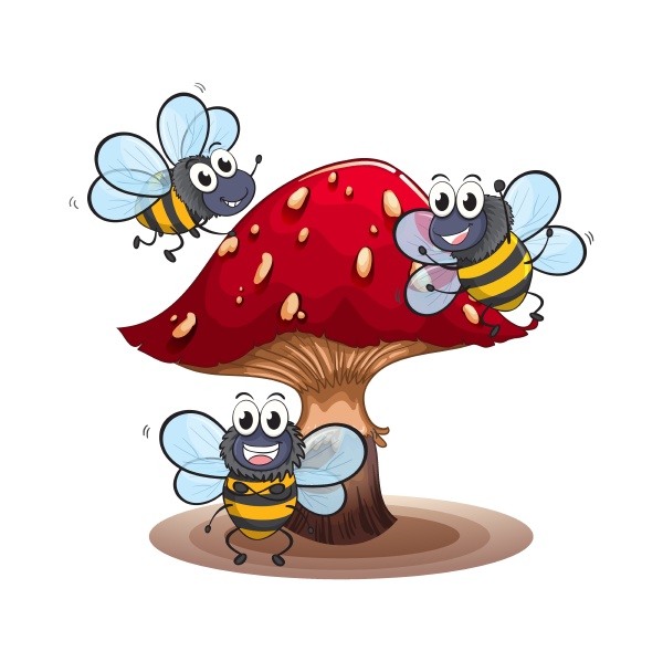 a big mushroom with smiling bees