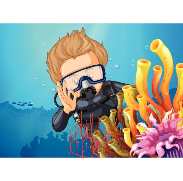 scuba diver diving behind coral reef