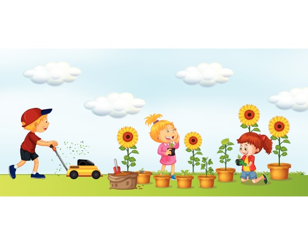 scene with kids do gardening work