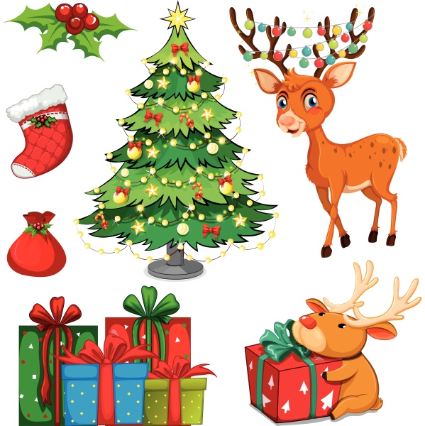 christmas set with reindeer and christmas