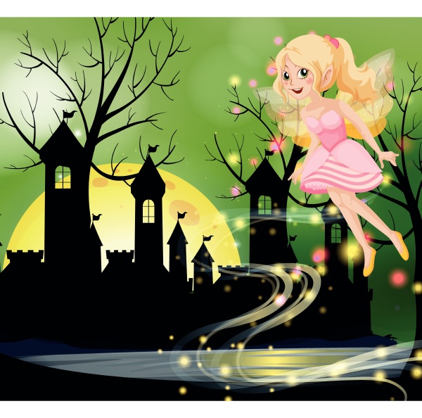 cute fairy flying with castle towers