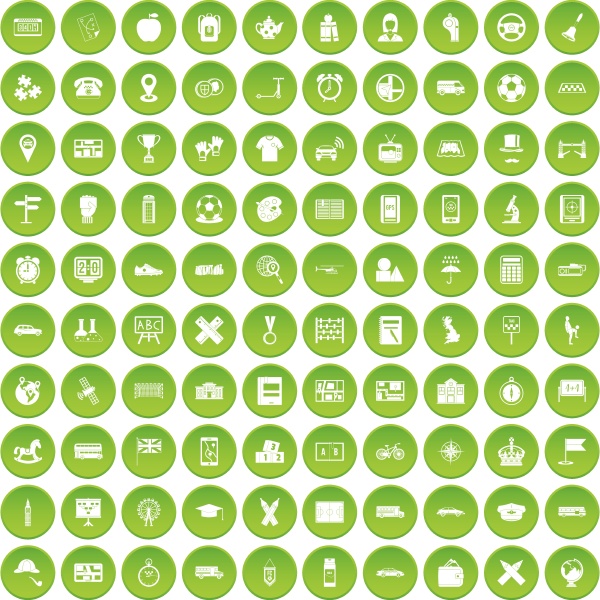 100 bus icons set green circle
