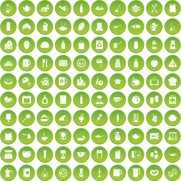 100 kitchen icons set green circle
