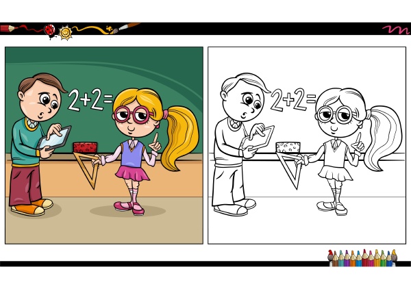 cartoon boy and girl at blackboard