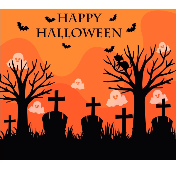 happy halloween card with graveyard scene