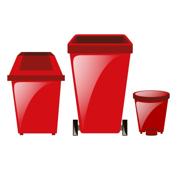 three red trashcans in different sizes