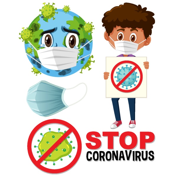 stop coronavirus logo with earth wearing
