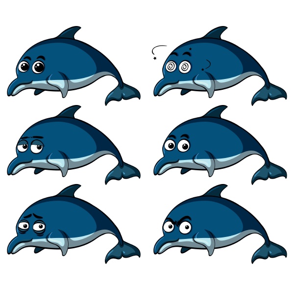 blue dolphins with different emotions