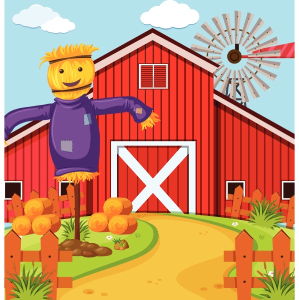 farm scene with scarecrow and barn