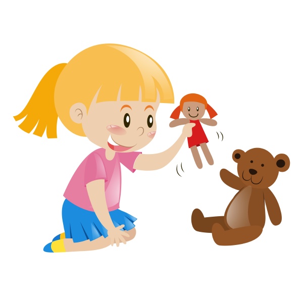 girl playing with doll and teddy