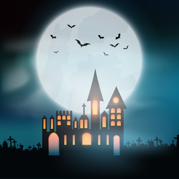 halloween background with castle in graveyard