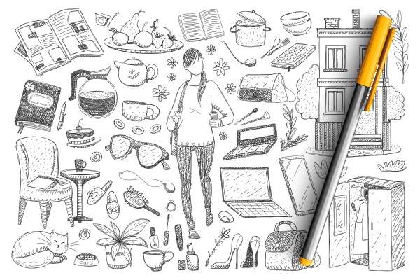 feminine everyday essentials doodle set
