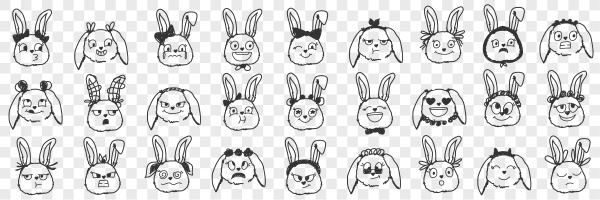 rabbit faces expressions doodle set