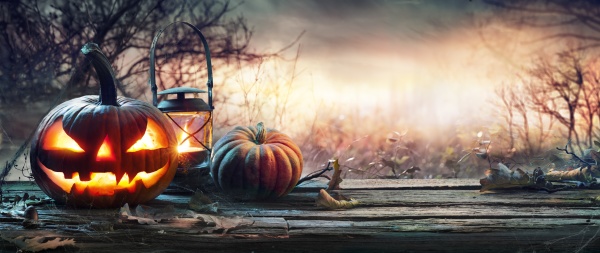 halloween pumpkin on table in spooky