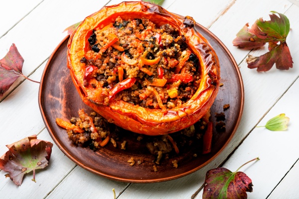 roasted pumpkin with minced meat and