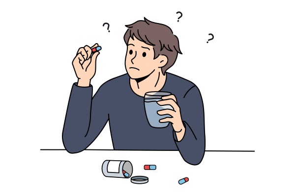 confused man think of taking pills