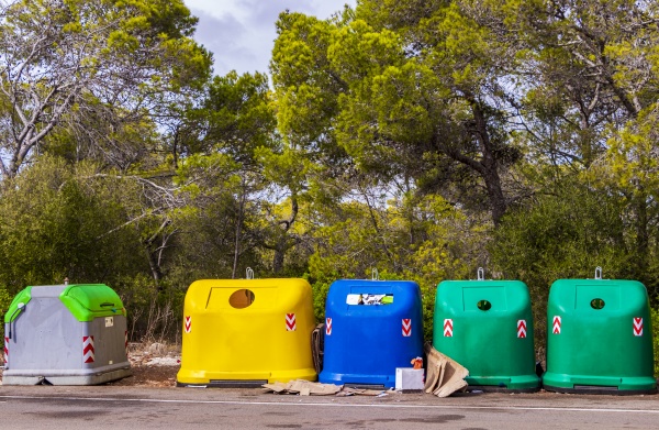 blue green and yellow garbage containers