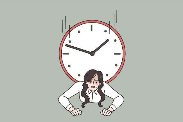 stressed businesswoman trapped by clock distressed