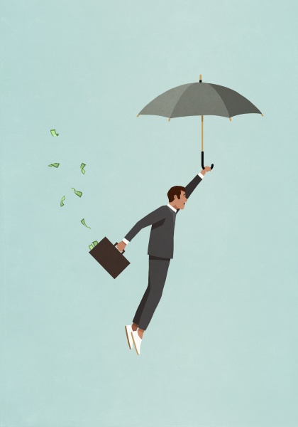 male investor with umbrella and money