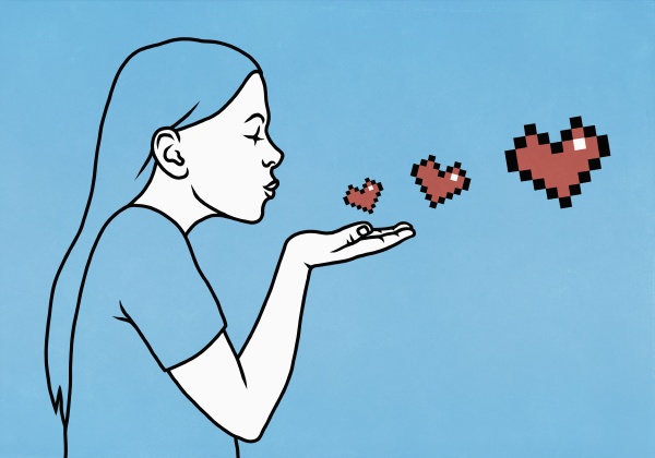 woman blowing pixel heart kiss